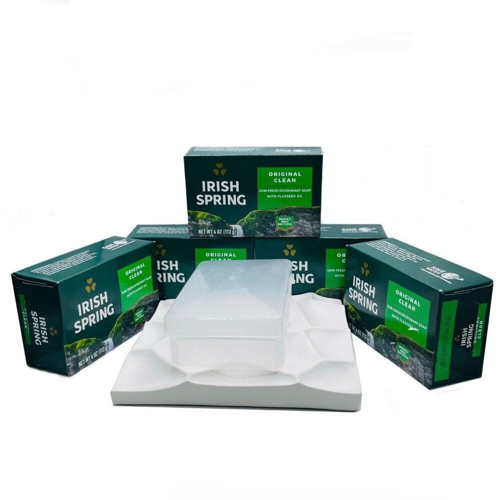 Irish Spring Soap Bar 4.0oz Original Clean 5pk with Soap Holder